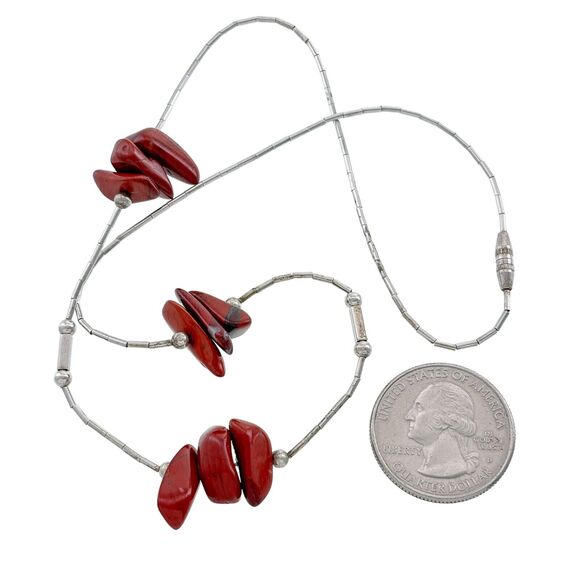 Vintage Liquid Silver Sterling 925 Red Jasper Nugget Necklace 17" - Picture 2 of 4